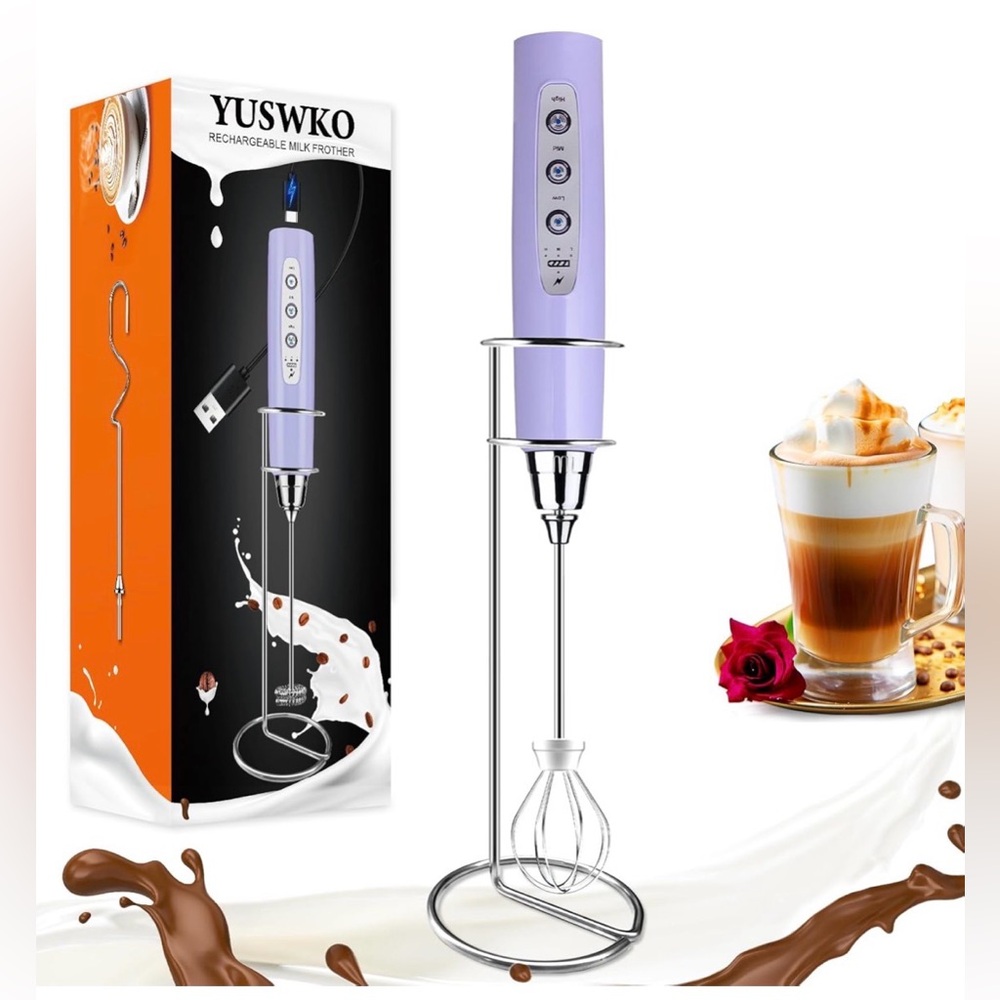 YUSWKO Light Purple Rechargeable Milk Frother for Coffee with Stand NEW